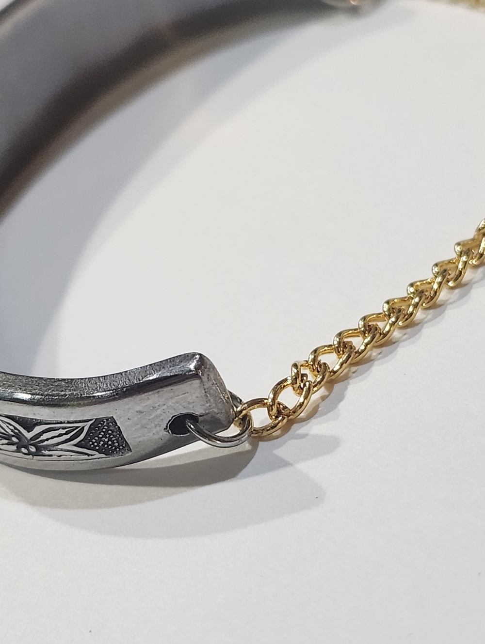 Floral Engraved Silver-Tone Cuff Bracelet with Gold Accent Chain - Picture 3 of 3